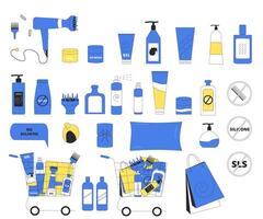 Illustration of cosmetics, tools and accessories for curly girl method. vector