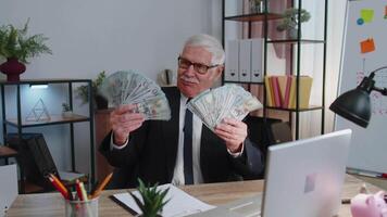 bedrijf Mens accountant vieren bedrijf succes dansen met stack van geld dollar contant geld video