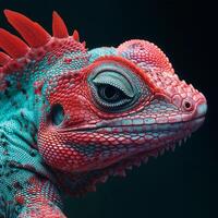 AI generated Close-up of a red and turquoise colored reptile with intricate scales and textures, detailed eye photo