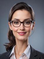 AI generated A woman with glasses is wearing a white shirt and dark blazer photo