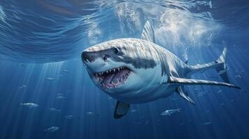 ai generado un majestuoso genial blanco tiburón nada submarino, rodeado por menor pez, mientras luz de sol filtros mediante el claro azul agua foto