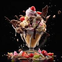 ai generado un explotando ver de un helado con frutas y nueces, hielo crema, fresas, y chocolate salpicaduras fuera de el vaso foto