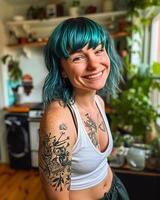 ai generado un mujer con verde azulado pelo y tatuajes, en un habitación lleno con plantas, creando un interior jardín ambiente foto