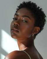 AI generated A light dark skin woman, focusing on their curly hair and the back of their neck, illuminated by natural light photo