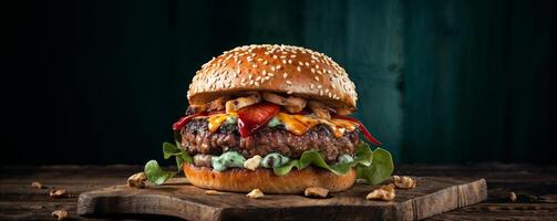 AI generated Delicious looking burger with various toppings, placed on a wooden surface, Burger is stacked with a grilled beef patty, melted cheese, fresh lettuce, and grilled peppers photo