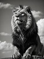 ai generado un majestuoso león tranquilamente se sienta encima un grande roca, mirando dentro el distancia debajo un cielo lleno con nubes foto