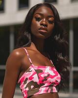 AI generated Black girl, wearing a pink, brown, and white camouflage-patterned top, with a modern building with large windows in the background photo