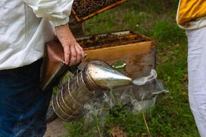 Beekeeper with a bee smoker and beehive on the background photo