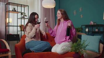 Girls friends siblings clinking glasses of wine cheering, drinking, celebrate birthday home party video