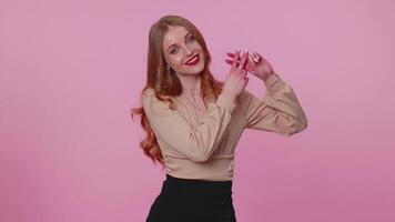 Cheerful teen girl showing hashtag symbol with hands, likes tagged message, popular viral content video