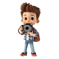 AI generated 3D Rendering of a Cartoon of Traveler Boy Having DSLR Camera in Hands on Transparent Background - Ai Generated png