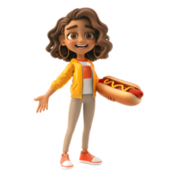 AI generated 3D Rendering of a Cartoon of Girl Eating Hotdog or Sandwich on Transparent Background - Ai Generated png