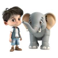 ai gerado 3d Renderização do uma desenho animado do Garoto em pé com elefante em transparente fundo - ai gerado png