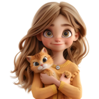 AI generated 3D Rendering of a Cartoon of Girl playing With Cat on Transparent Background - Ai Generated png