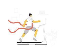 Running man on treadmill at home with VR headset glasses. Virtual reality sport. vector