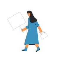 Woman walking and holding blank banner in her hand. vector