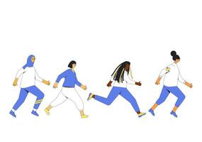 Running women. Multiracial female runners team vector