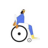 Wheelchair woman walking. Inclusion. Vector line art illustration.