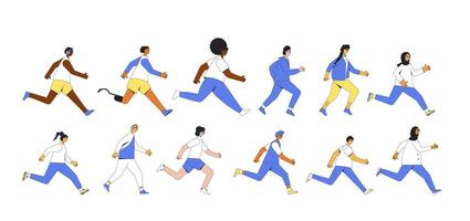 Running people set. Different runners marathon vector