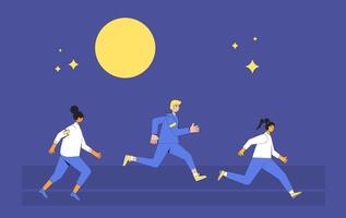 Running people at night. Different runners marathon vector