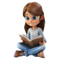 ai generato 3d interpretazione di un' cartone animato di ragazza seduta e lettura libro su trasparente sfondo - ai generato png