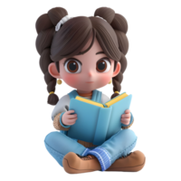 ai gerado 3d Renderização do uma desenho animado do menina sentado e lendo livro em transparente fundo - ai gerado png