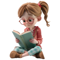 ai generado 3d representación de un dibujos animados de niña sentado y leyendo libro en transparente antecedentes - ai generado png