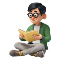 ai generato 3d interpretazione di un' cartone animato di ragazzo seduta e lettura libro su trasparente sfondo - ai generato png