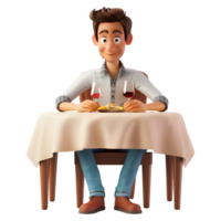 ai généré 3d le rendu de une dessin animé de homme séance sur table et en mangeant sur transparent Contexte - ai généré png