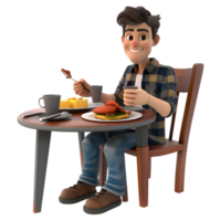 ai gerado 3d Renderização do uma desenho animado do homem sentado em mesa e comendo em transparente fundo - ai gerado png