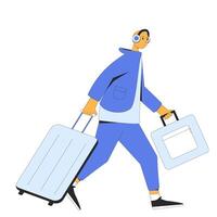 Man in headphones running with his baggage vector