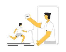 Online workout with coach. Runner on treadmill at home. vector