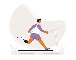 Runner with disability on treadmill. Jogger. Athlete with legs prosthesis. Young man running. Sports activity. vector