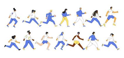 Running people set. Different runners marathon vector