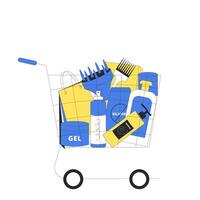 Shopping cart with cosmetics, tools and accessories for curly girl method vector