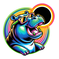 AI generated Hippo wear glasses and watch Solar Eclipse cartoon clipart. AI generate png