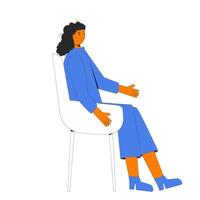 Young woman with dark curly hair sitting on a chair. vector