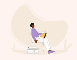 Man sitting with book. Male person reading a bestseller. Vector illustration.