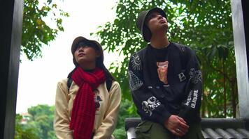 Two young adults in casual wear looking upwards, standing in a park with greenery in the background. video