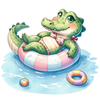 AI generated Cute crocodile wearing a bikini and floating in a swimming pool with a swim ring watercolor clipart .AI Generate png