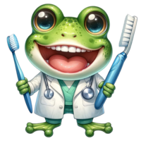 AI generated Frog Dentist with a Toothbrush watercolor clipart. AI Generated png