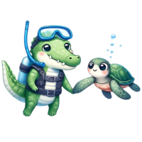 AI generated Cute crocodile , holding hands with a sea turtle, swimming happily and looking at coral reefs watercolor clipart .AI Generate png
