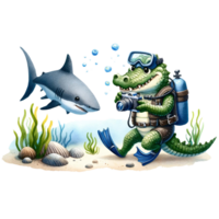 AI generated Cute crocodile scuba diving and taking pictures of a shark under the sea watercolor clipart .AI Generate png
