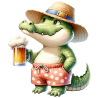 ai généré mignonne crocodile sirotant Bière par le plage aquarelle clipart .ai produire png