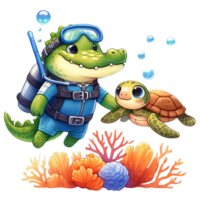 AI generated Cute crocodile , holding hands with a sea turtle, swimming happily and looking at coral reefs watercolor clipart .AI Generate png