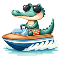 AI generated Cute crocodile driving a speedboat in the sea watercolor clipart .AI Generate png