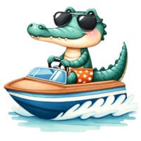 ai gerado fofa crocodilo dirigindo uma lancha dentro a mar aguarela clipart .ai gerar png