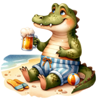 AI generated Cute crocodile sipping beer by the beach watercolor clipart .AI Generate png