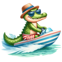 AI generated Cute crocodile driving a speedboat in the sea watercolor clipart .AI Generate png