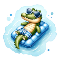 AI generated Cute crocodile floating on inflatable mattress in blue pool water watercolor clipart .AI Generate png